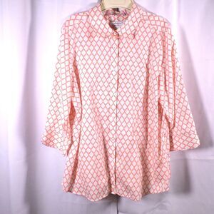 Foxcroft Womens XL White Geo Shaped Cotton Button‎ Down Up Wrinkle Free Shirt